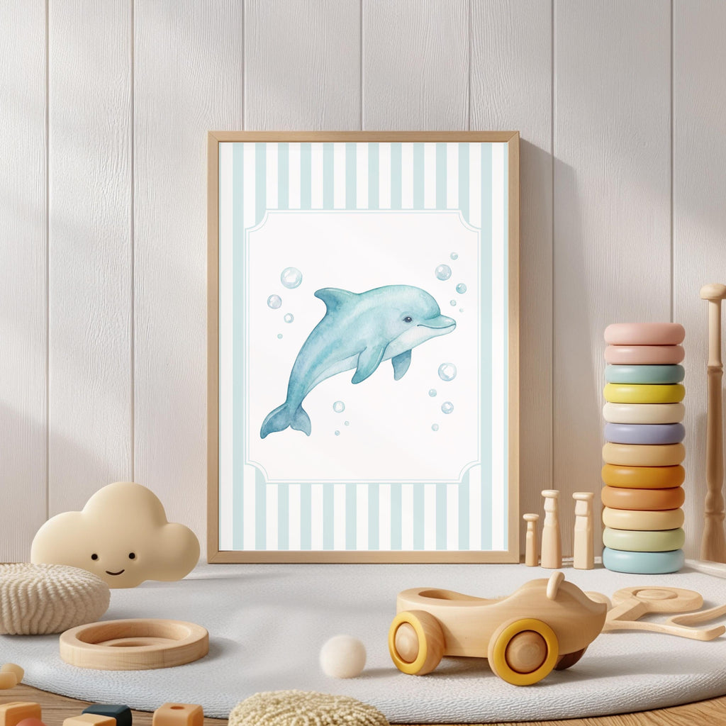 Blue Ocean Nursery Prints, Striped Sea Life Wall Art (Digital Download Set of 6)