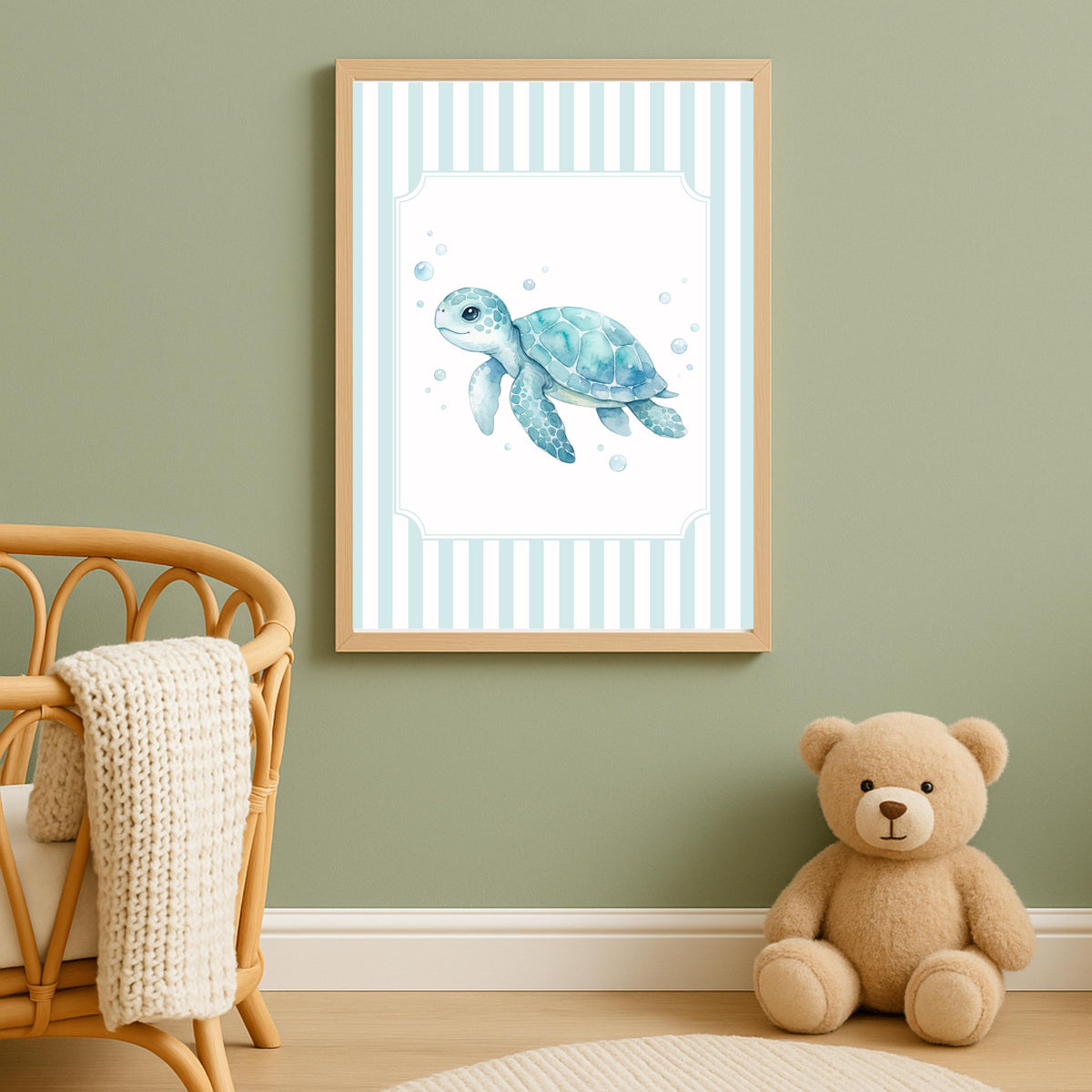 Blue Ocean Nursery Prints, Striped Sea Life Wall Art (Digital Download Set of 6)