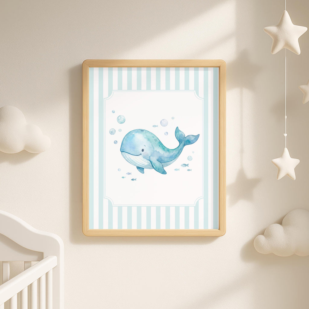 Blue Ocean Nursery Prints, Striped Sea Life Wall Art (Digital Download Set of 6)