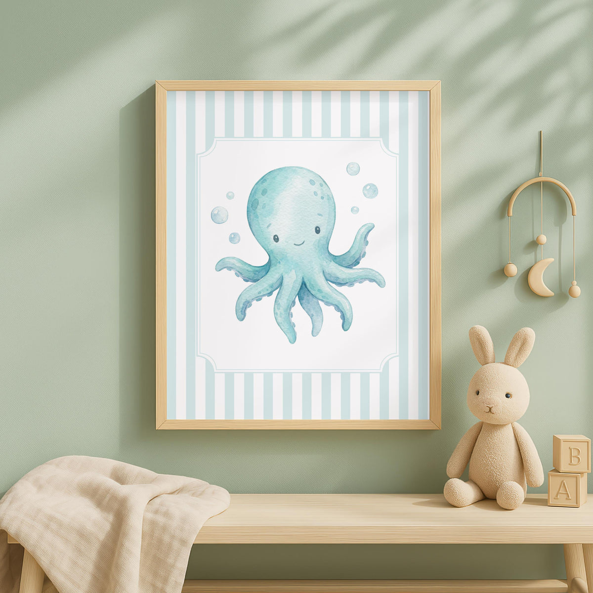 Blue Ocean Nursery Prints, Striped Sea Life Wall Art (Digital Download Set of 6)