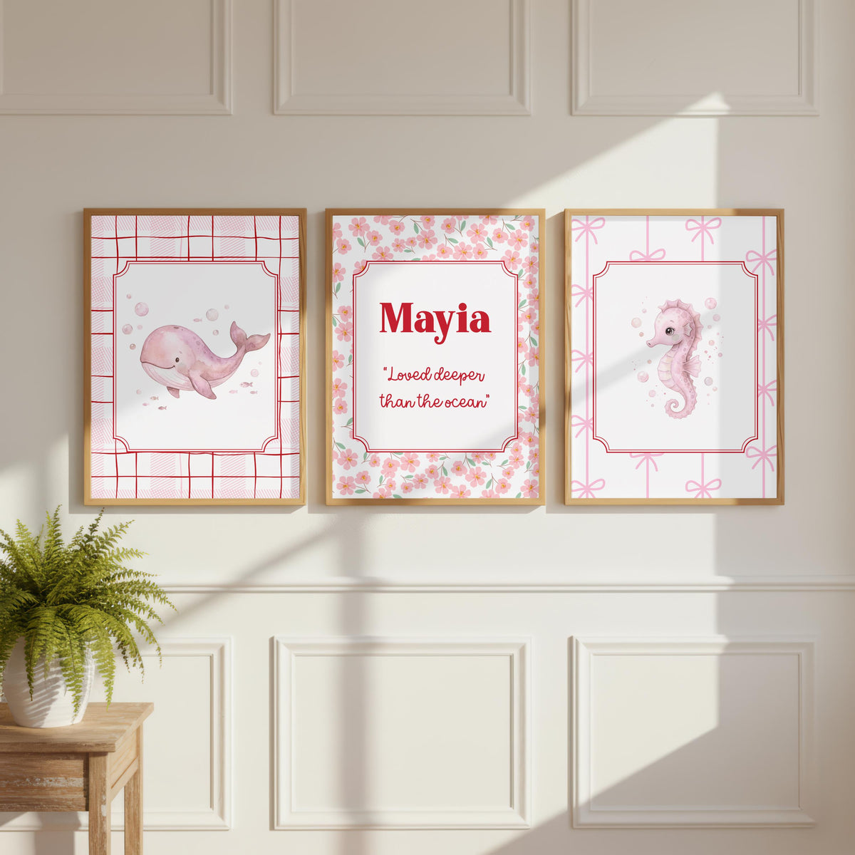 Personalized Girl Nursery Decor, Pink Whale & Seahorse Art (Digital Download)