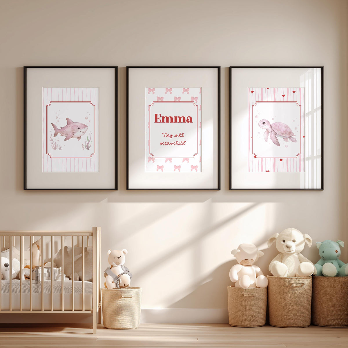 Personalized Shark Print Girl, Pink Turtle Nursery Art (Digital Download)