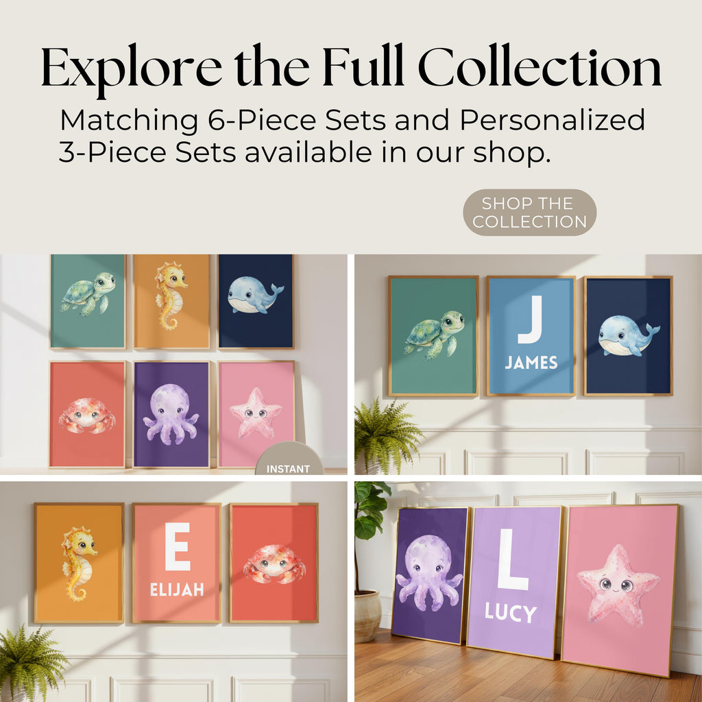 Boho Ocean Nursery Prints, Scandi Sea Life Wall Art (Digital Download Set of 6)