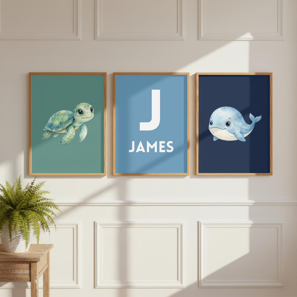 Personalized Boy Nursery Art, Navy & Sage Ocean Prints (Digital Download)
