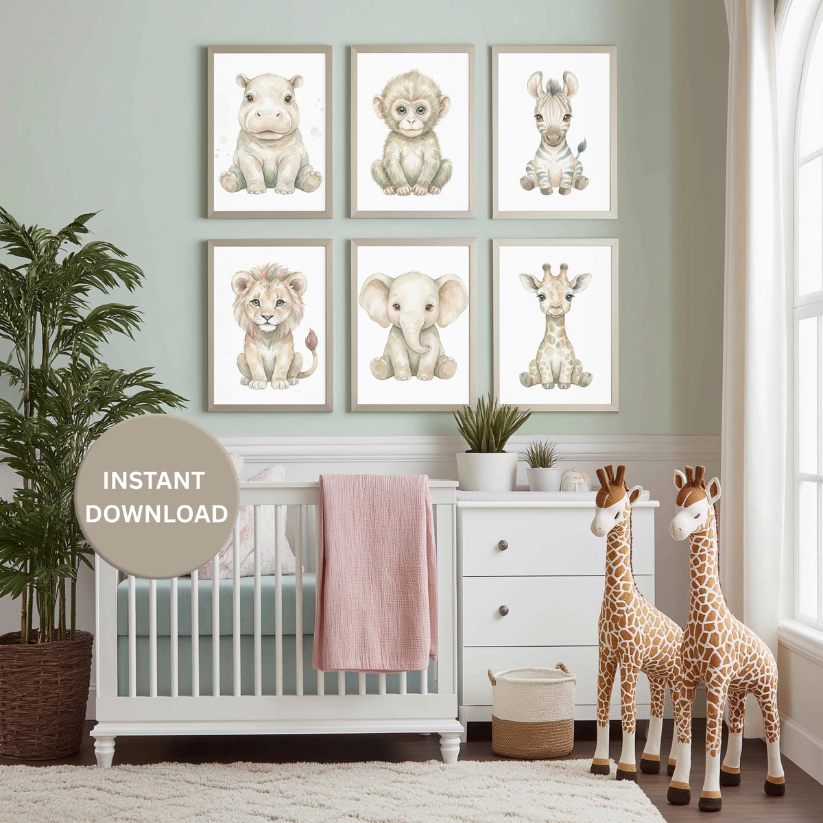 Safari Animal Prints, Sage Green Nursery Decor (Digital Download Set of 6)