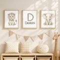 Personalized Safari Nursery Prints, Lion and Elephant, Custom Name (Digital Download)