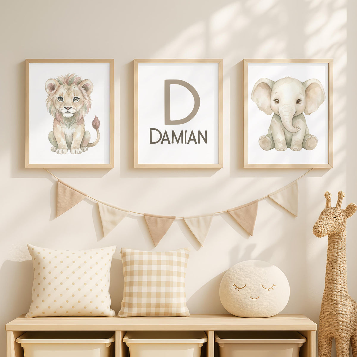 Personalized Safari Nursery Prints, Lion and Elephant, Custom Name (Digital Download)