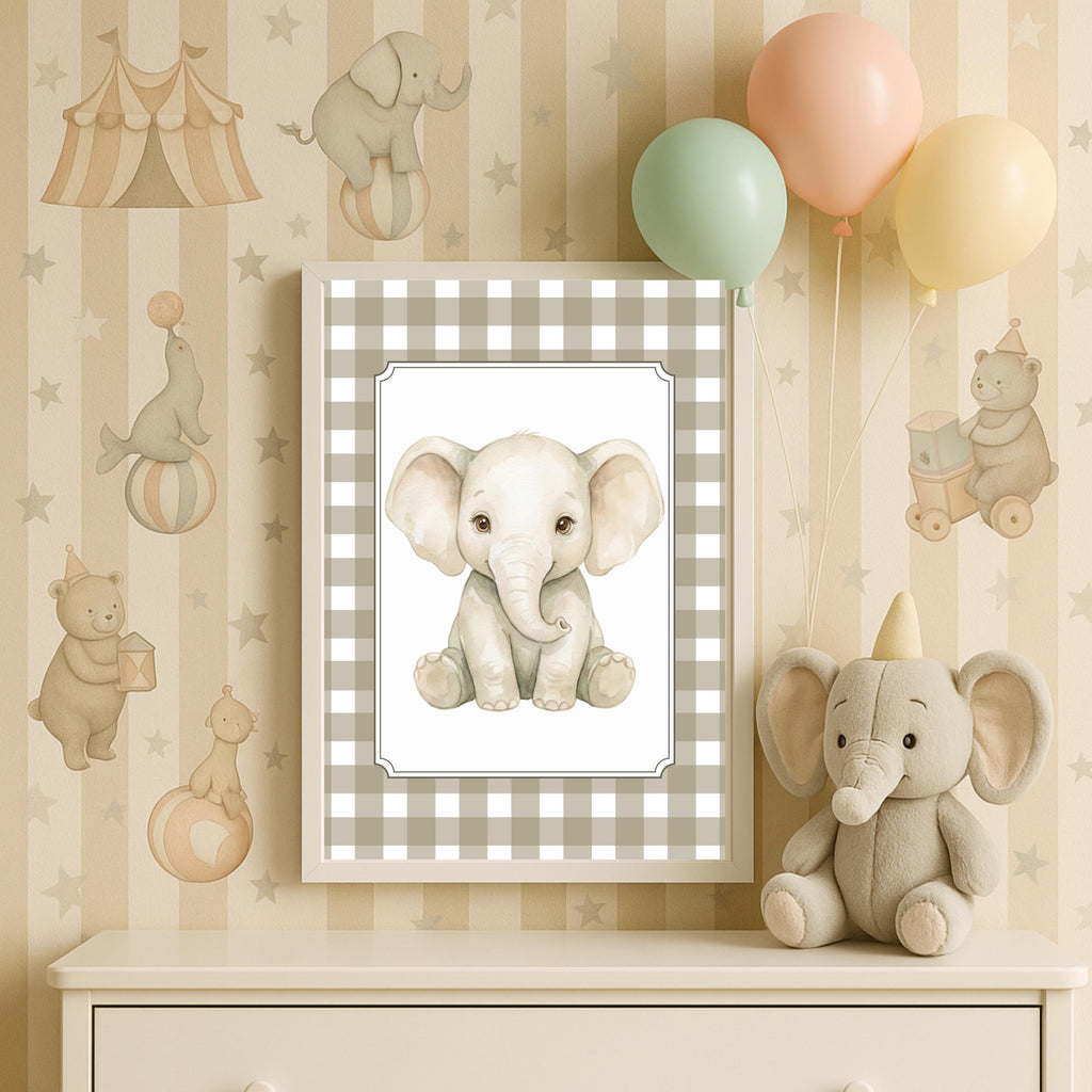 Gingham Safari Nursery Prints, Beige Check Wall Art (Digital Download Set of 6)