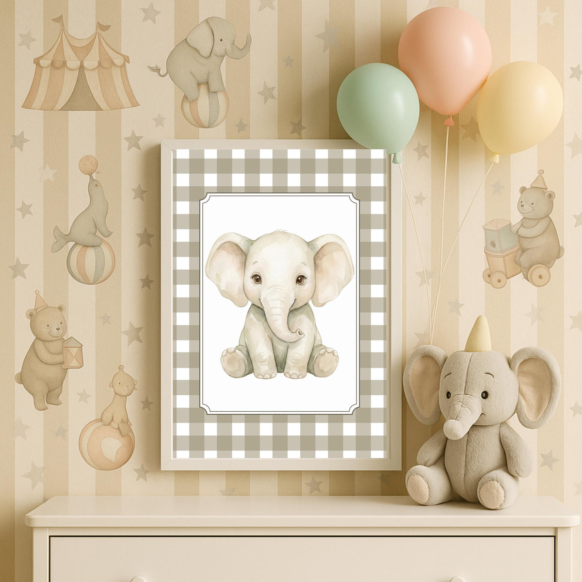 Gingham Safari Nursery Prints, Beige Check Wall Art (Digital Download Set of 6)