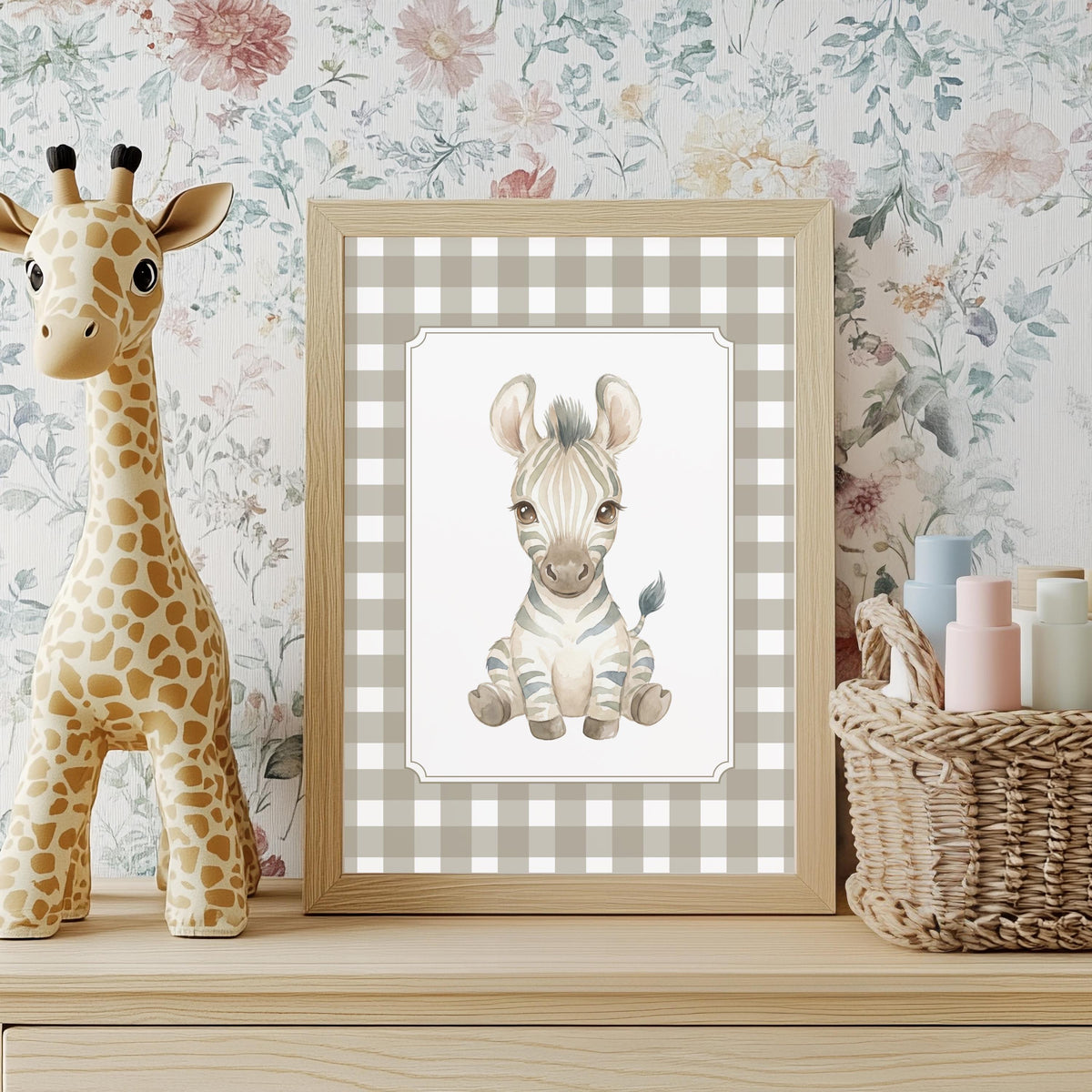 Gingham Safari Nursery Prints, Beige Check Wall Art (Digital Download Set of 6)