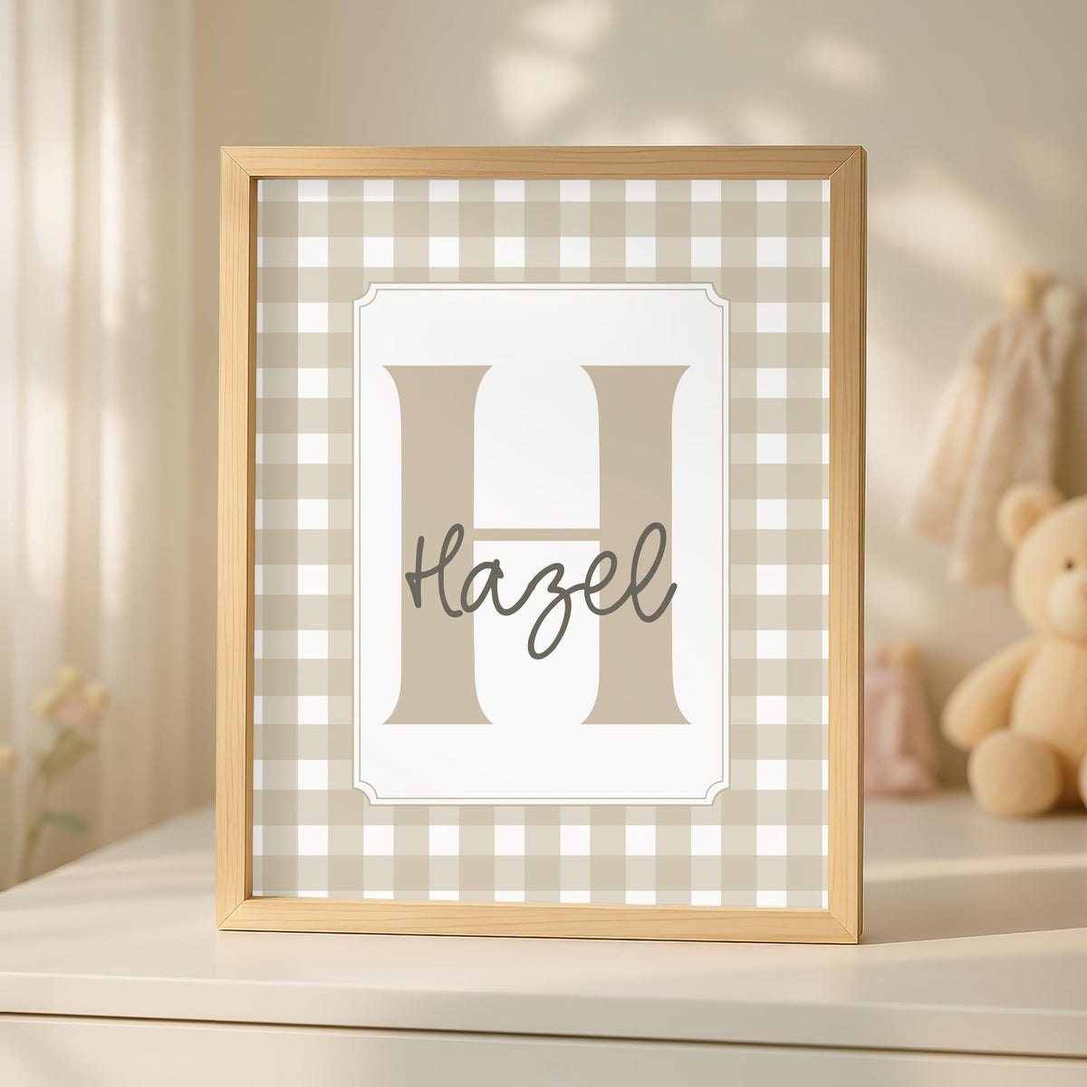 Personalized Initial Name Sign, Gingham Safari Decor (Digital Download)