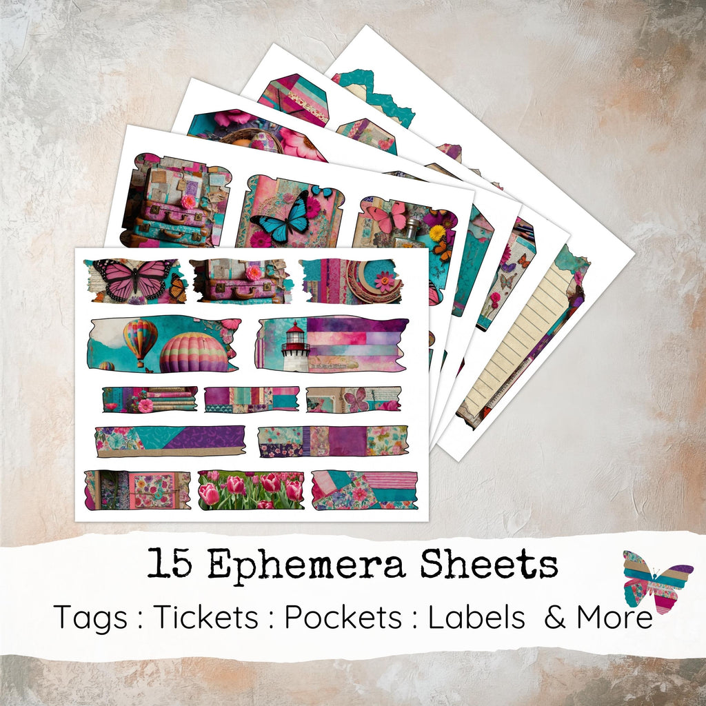 Whimsical Junk Journal Pages, Whimsical Background, Colorful Mixed Media Papers, Digital Collage, Ephemera, Digital Papers, Digital Download