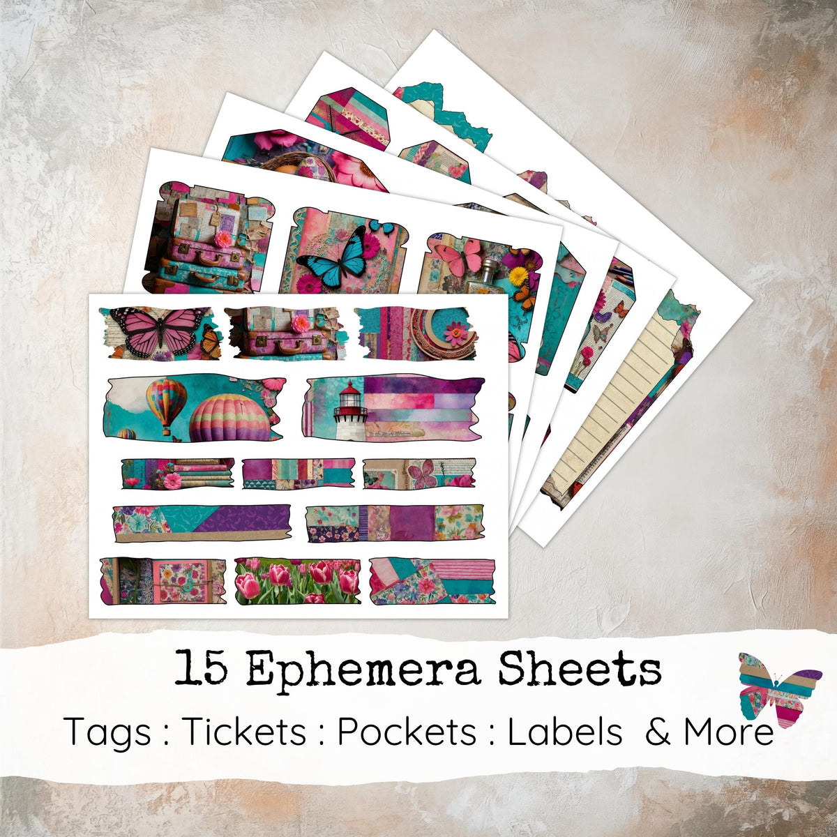 Whimsical Junk Journal Pages, Whimsical Background, Colorful Mixed Media Papers, Digital Collage, Ephemera, Digital Papers, Digital Download