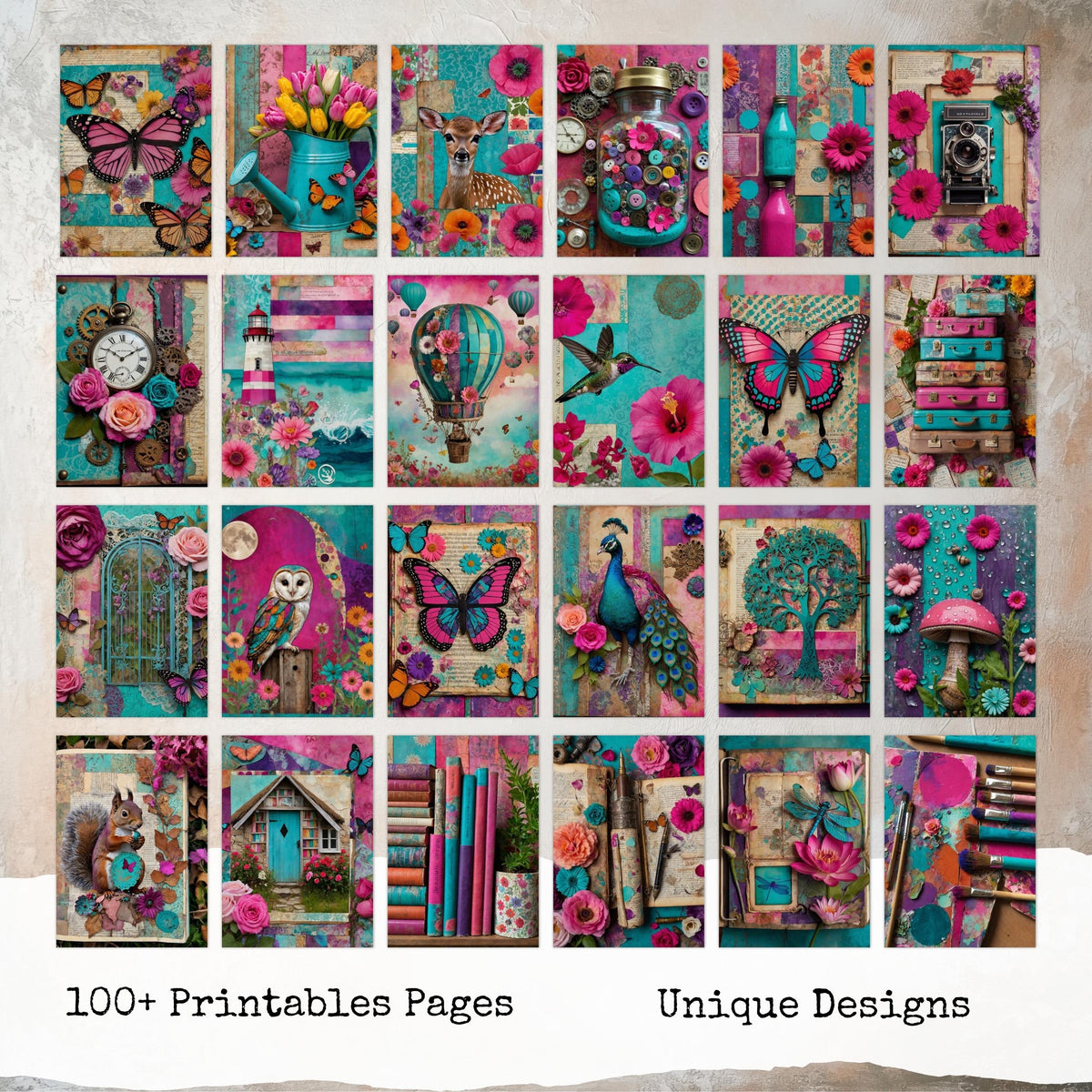 Whimsical Junk Journal Pages, Whimsical Background, Colorful Mixed Media Papers, Digital Collage, Ephemera, Digital Papers, Digital Download
