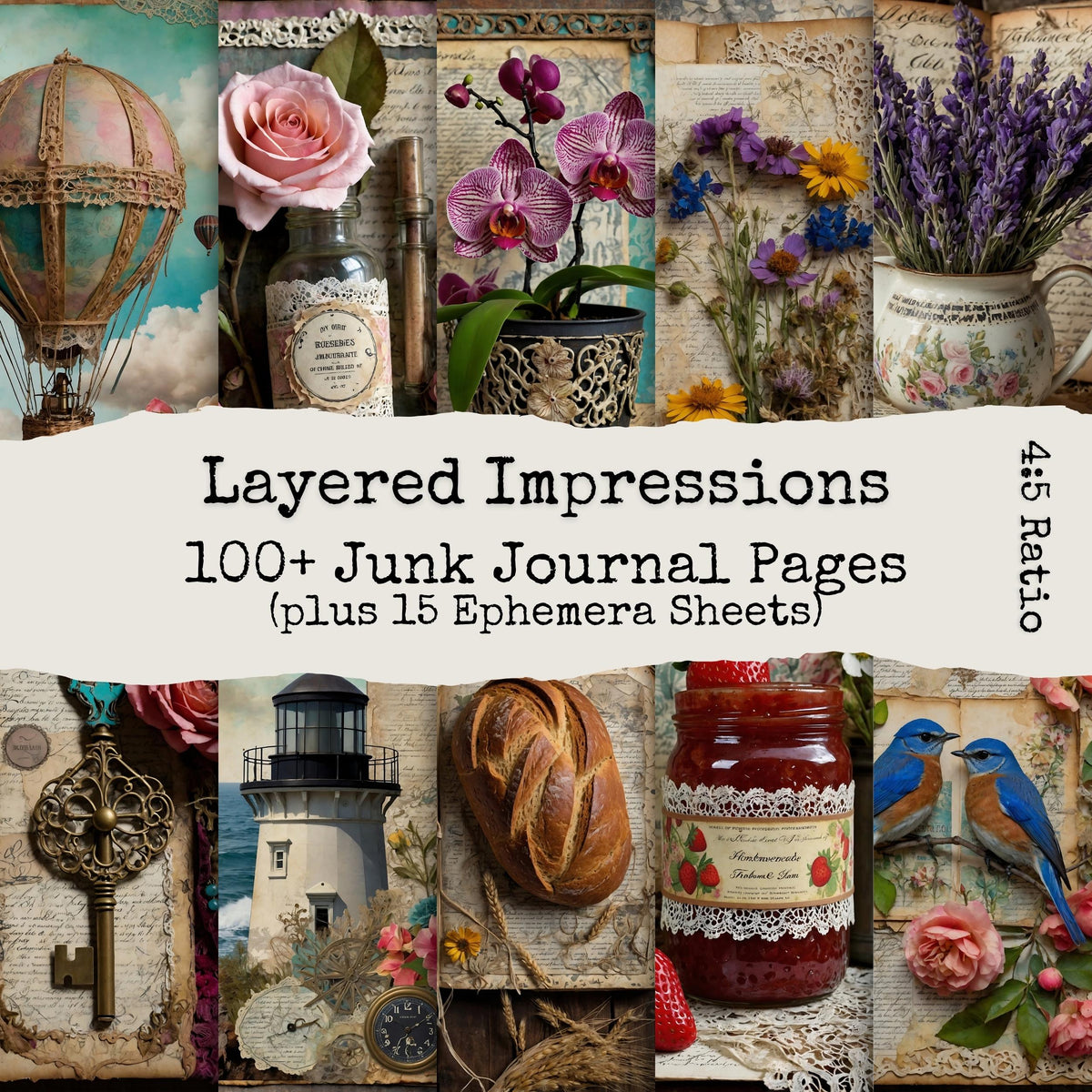 Vintage Floral Junk Journal Pages, Vintage Background, Mixed Media Papers, Digital Collage, Ephemera, Digital Papers, Digital Download