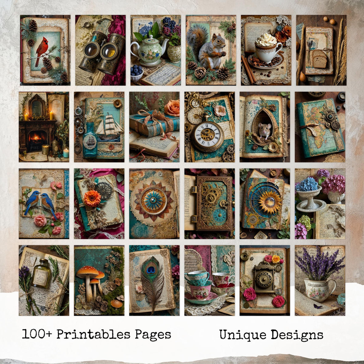 Vintage Floral Junk Journal Pages, Vintage Background, Mixed Media Papers, Digital Collage, Ephemera, Digital Papers, Digital Download