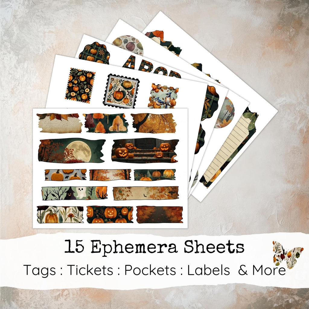 Halloween Junk Journal Printable Pages, Autumn Ephemera, Scrapbook Papers, Spooky Collage Sheet, Vintage Ephemera, Fall Digital Papers