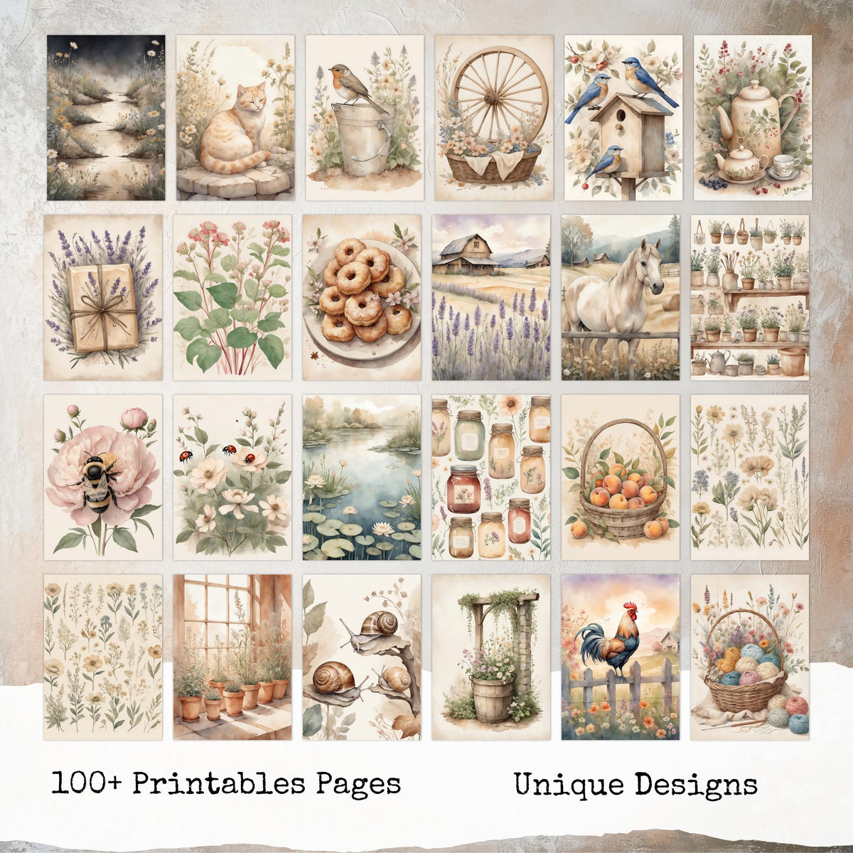 Cozy Farmhouse Junk Journal Pages, Vintage Rustic Digital Papers, Country Cottagecore Printable Kit, Ephemera Pack, Digital Download